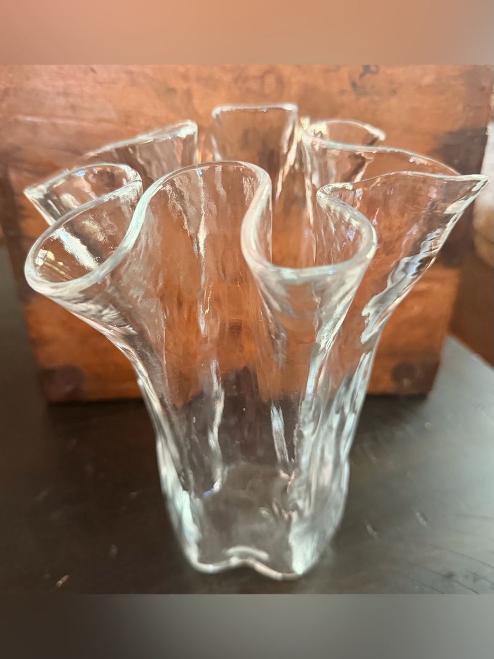 Vintage Sturdy Handmade Textured Glass Ruffled Vase - Holds flowers beautifully